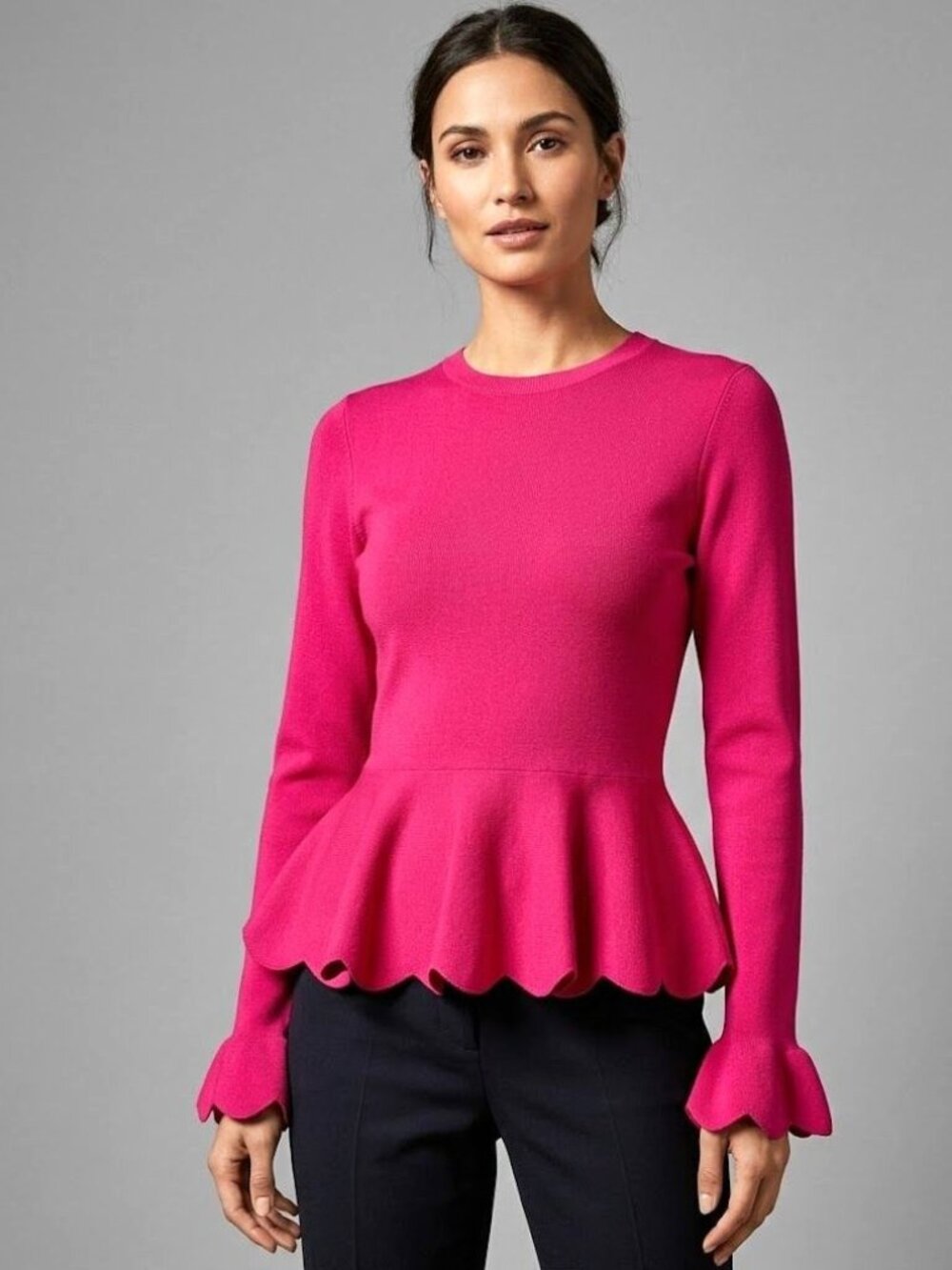 Ted Baker 2 Size 6 Long Sleeve Peplum Top Hot Pink Ribbed Scalloped Hem Stretchy